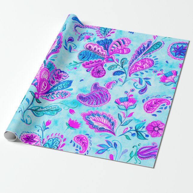 Papier Cadeau Paisley aquarelle motif floral tuile : fleurs, f (Déroulé)