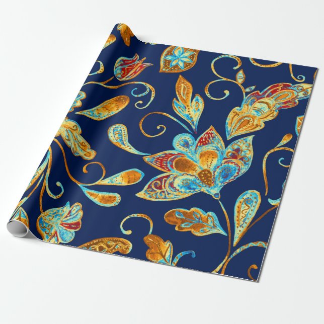 Papier Cadeau Paisley aquarelle motif floral tuile : fleurs, f (Déroulé)