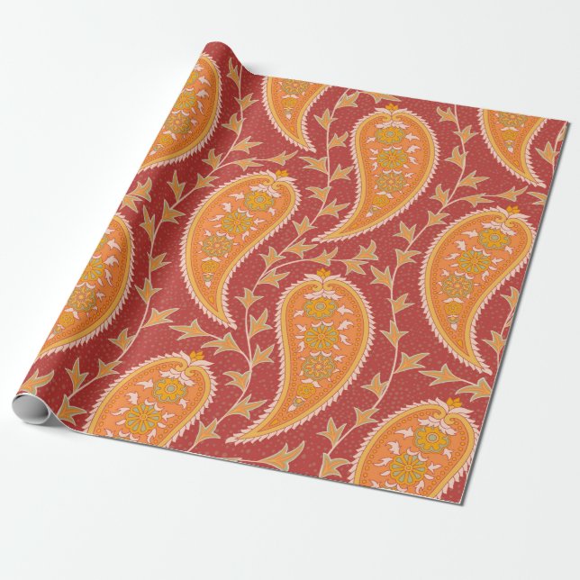 Papier Cadeau Paisley motif. Concombre turc. Maroon-orange c (Déroulé)