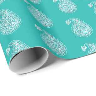Papier Cadeau Paisley perse - blanc sur turquoise