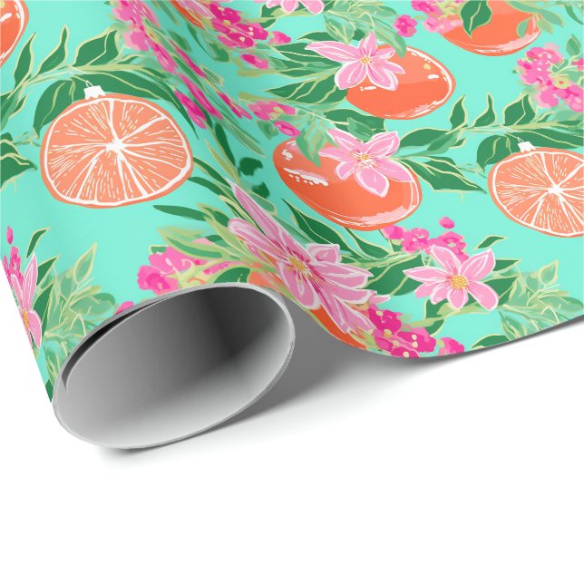 Papier Cadeau Palm Beach Aquarelle de Noël Orange (Coin rond)