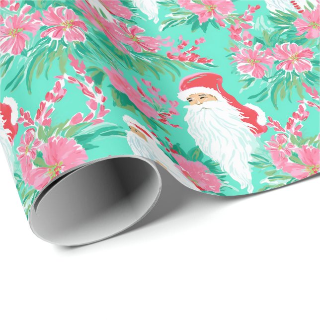 Papier Cadeau Palm Beach Noël Aquarelle Père Noël (Coin rond)