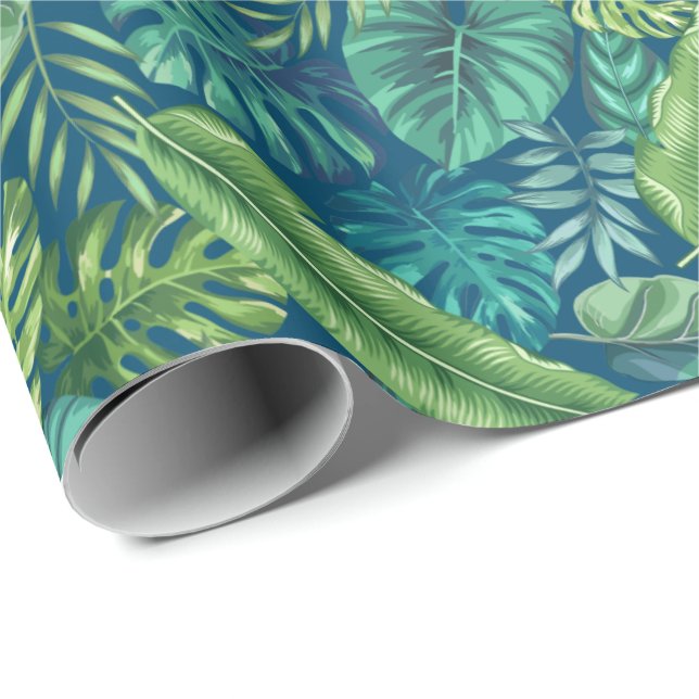 Papier Cadeau Palm vert et Turquoise Tropical Banana Monstera Fe (Coin rond)