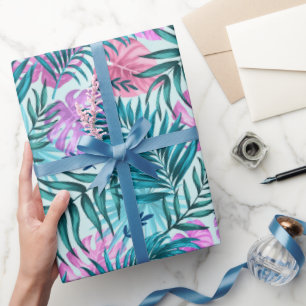 Papier Cadeau Palme rose et Turquoise Tropical & Monstera Feuill