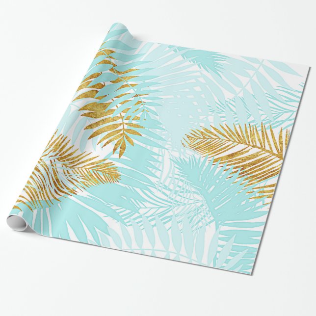 Papier Cadeau Palmettes Aloha-Tropicales d'Aqua de feuille (Déroulé)