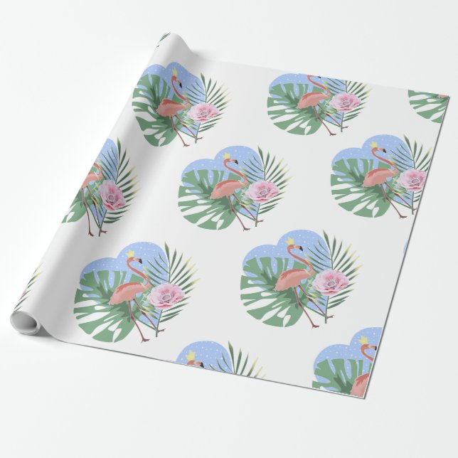 Papier Cadeau Palmier rose Flamant rose (Déroulé)