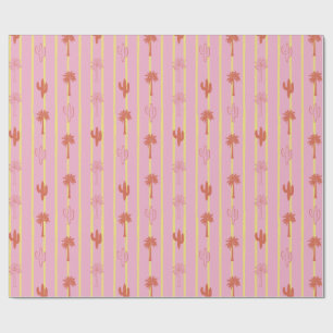 Papier Cadeau Palmiers rétro et cactus en rayures jaunes