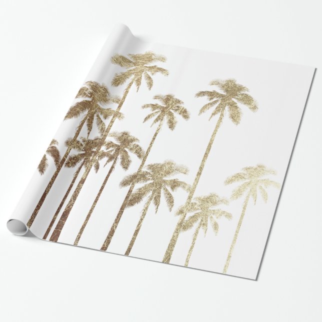 Papier Cadeau Palmiers tropicaux d'or fascinant sur le blanc (Déroulé)