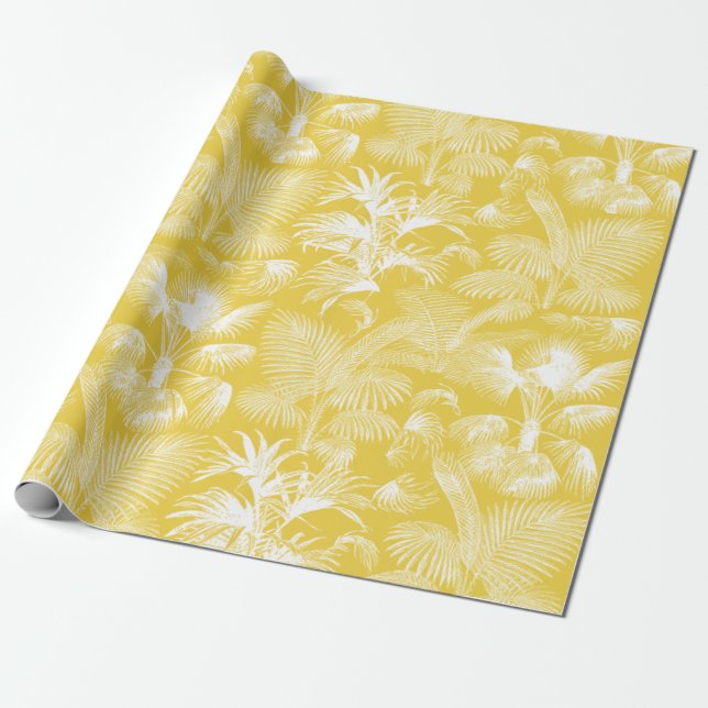 Papier Cadeau Palmiers tropicaux modernes blanc sur jaune (Déroulé)