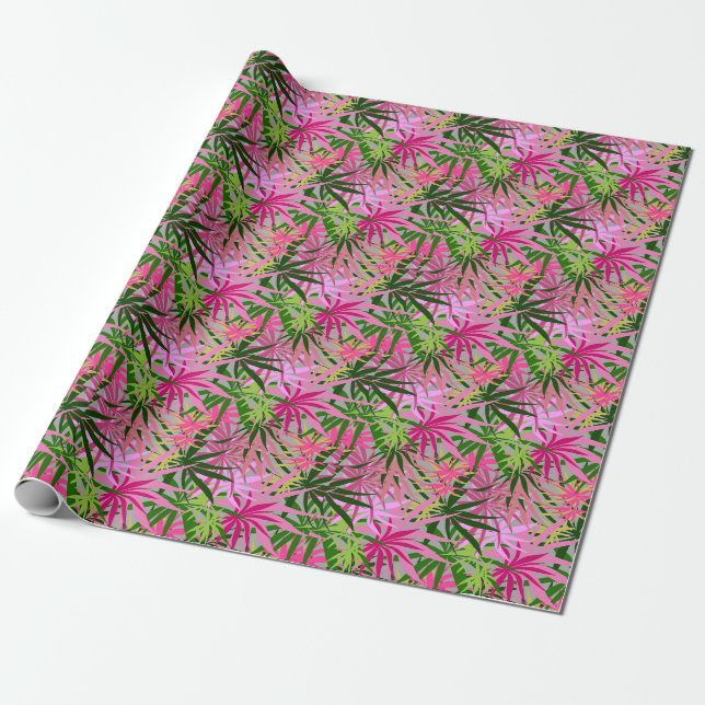 Papier Cadeau Palmiers verts rose tropical (Déroulé)