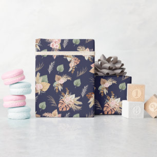 Papier Cadeau Pampas Grass & Fleurs sur bleu marine