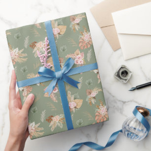 Papier Cadeau Pampas Grass & Fleurs sur vert olive