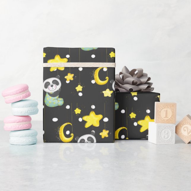 Papier Cadeau Panda bébé avec lune et étoiles (Baby Shower)
