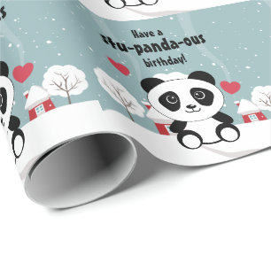 Papier Cadeau Panda Bébé Cute En Hiver Gris Neige