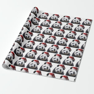 Papier Cadeau Panda de Noël avec chapeau de Père Noël