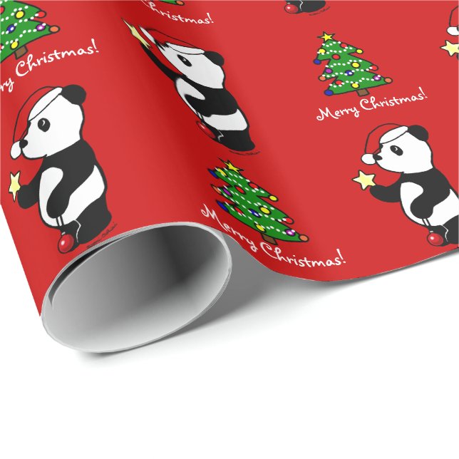 Papier Cadeau Panda de Noël stockant le rouge (Coin rond)