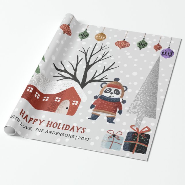 Papier Cadeau Panda et arbres d'hiver Joyeuses vacances Noël (Déroulé)