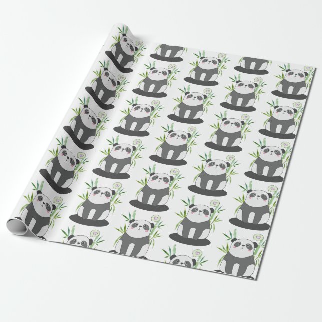 Papier Cadeau Panda noir et blanc mignon en Motif Bambou (Déroulé)