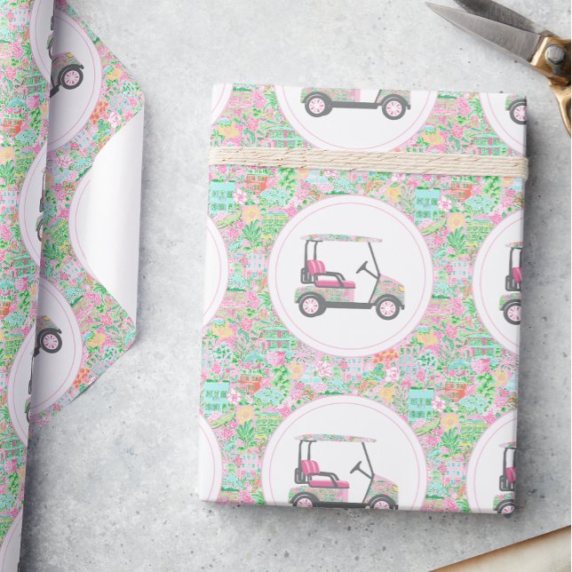 Papier Cadeau Panier de golf Pink and Green Palm Beach (Créateur téléchargé)