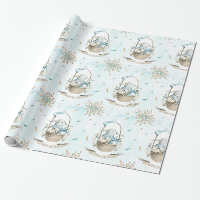 Papier Cadeau Panier De Pâques Avec Fleurs Et Oeufs De Lapin (Déroulé)