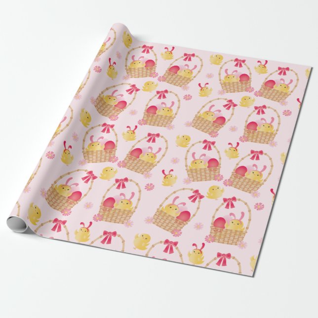 Papier Cadeau Panier de Pâques filles rose (Déroulé)