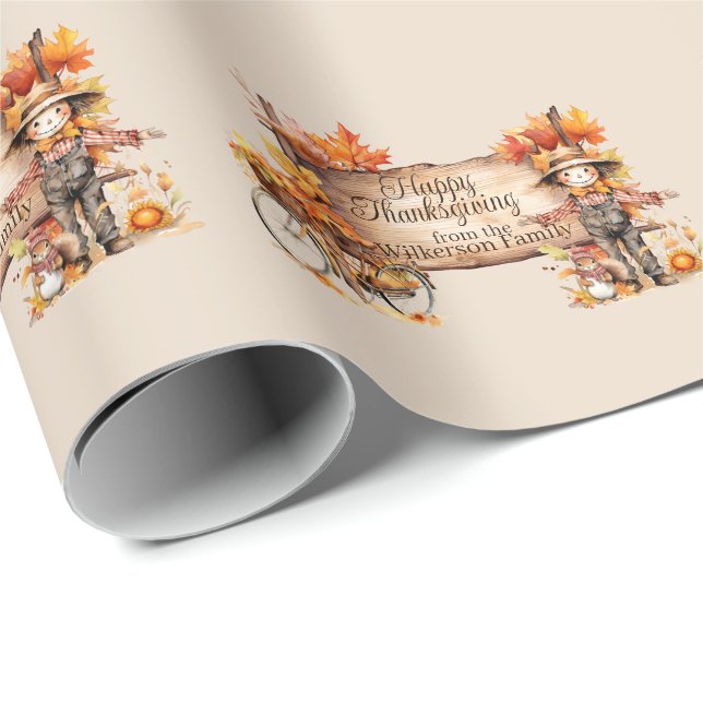 Papier Cadeau Panneau bon thanksgiving bois & Scène d'automne (Coin rond)