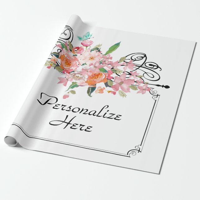 Papier Cadeau Panneau de penderie à fleurs victoriennes blanc ma (Déroulé)