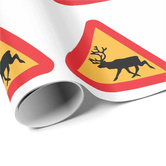 Papier Cadeau Panneau de signalisation suédois Caution Reindeer (Coin rond)