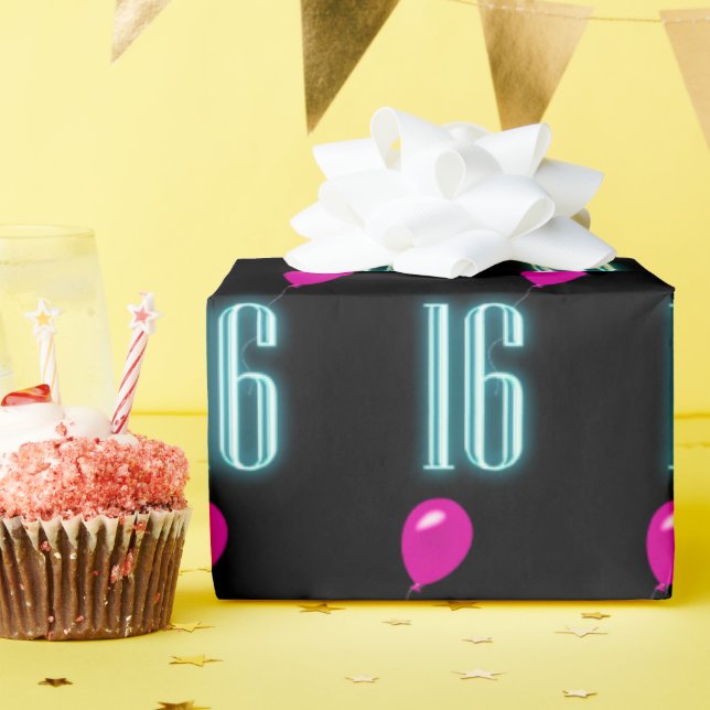 Papier Cadeau Panneau néon 16e anniversaire avec ballon (Fête d'anniversaire)