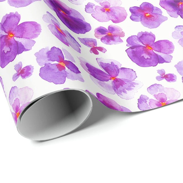 Papier Cadeau Pansies blanches violettes aquarelle florale envel (Coin rond)