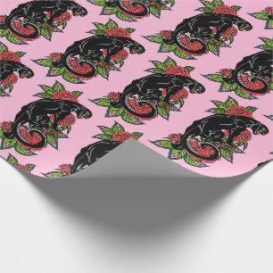 Papier Cadeau Panthère noire et roses en fleurs