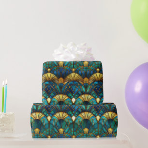 Papier Cadeau Paon en verre teinté sarcelle, bleu et or