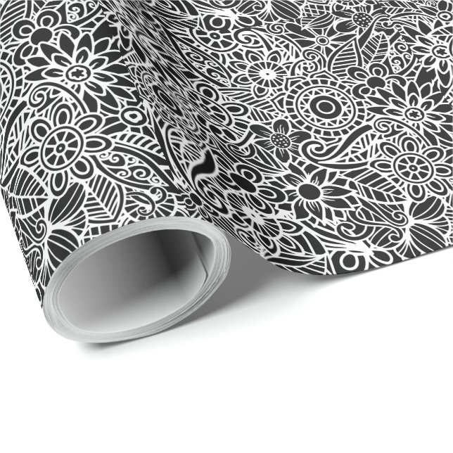 Papier Cadeau Paper de Floral Black White Wrapping (Coin rond)