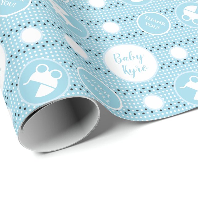 Papier Cadeau Papier à baby shower avec poussette pour garçon (Coin rond)