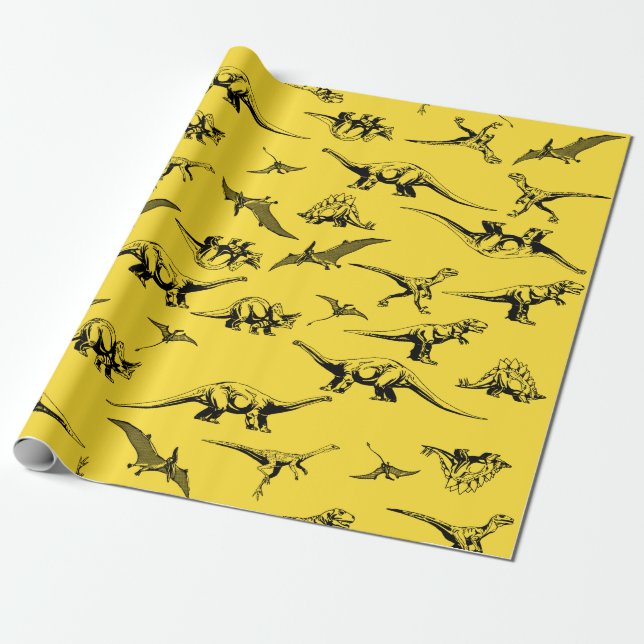 Papier Cadeau Papier à enveloppement de dinosaures jaunes (Déroulé)