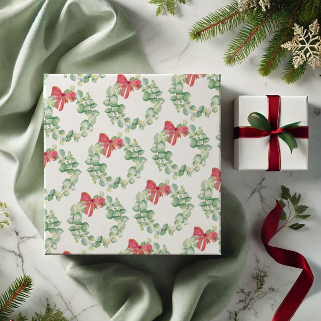 Papier Cadeau Papier à enveloppement de Noël Motif de la couronn (Christmas gift wrapping festive watercolor red and green wreath art Victoria Grigaliunas VG Invites)