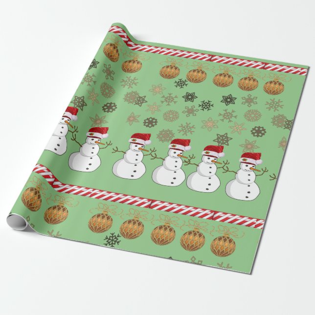 Papier Cadeau Papier à enveloppement de Noël Snowman Green (Déroulé)