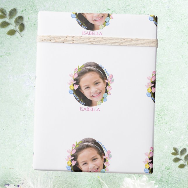 Papier Cadeau Papier à enveloppement de Pâques avec photo et nom (Easter Wrapping Paper with Photo & Name - White)