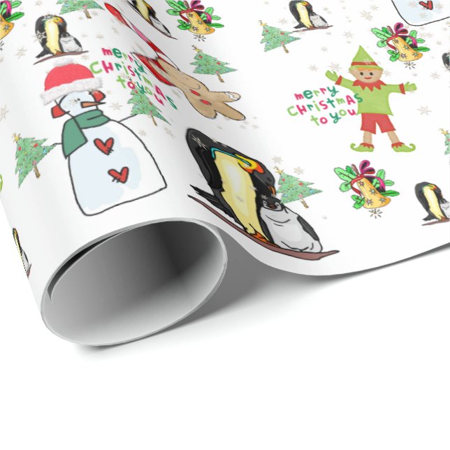Papier Cadeau Papier à enveloppement de pingouin de Noël Snowman (Coin rond)