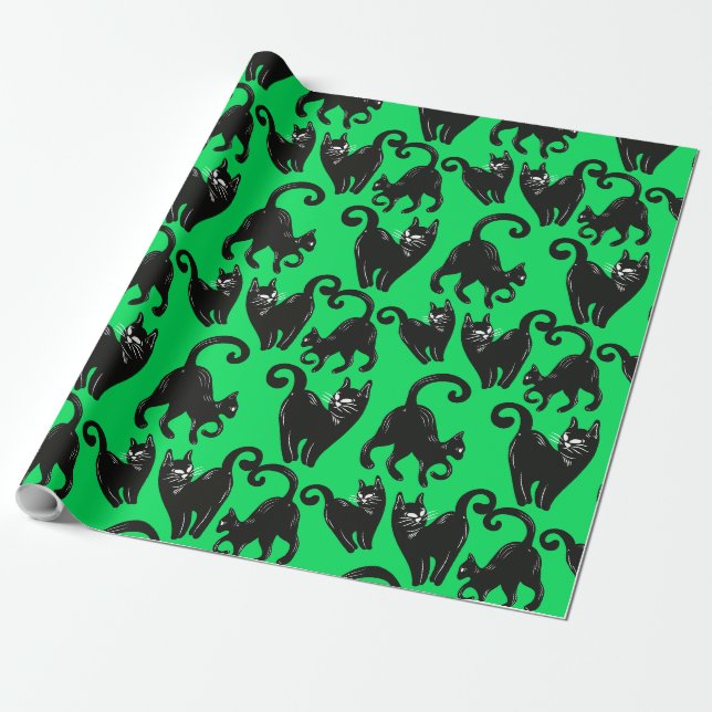 Papier Cadeau Papier à enveloppement d'Halloween vert Chat noir (Déroulé)