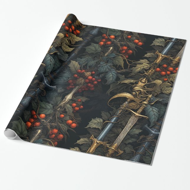 Papier Cadeau Papier à enveloppement Festif Holly & Swords (Déroulé)