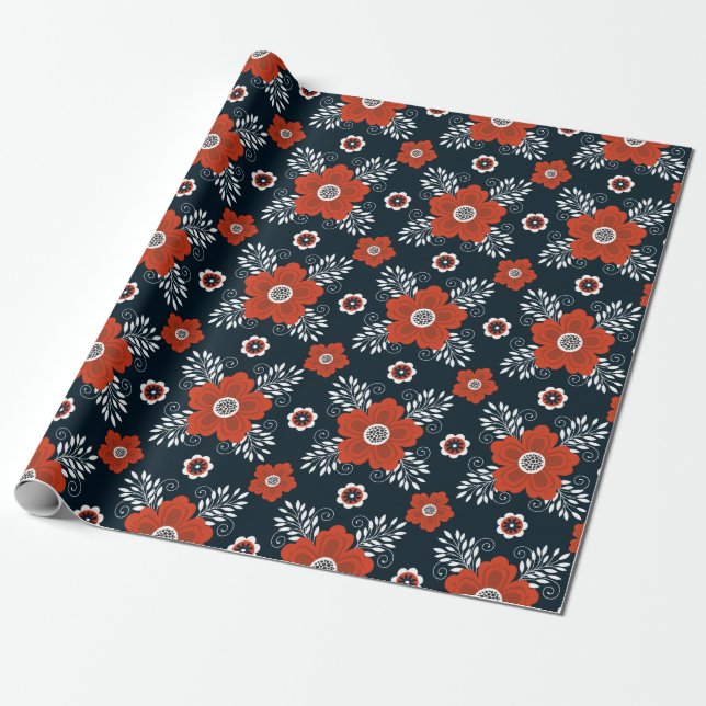 Papier Cadeau Papier à enveloppement noir rouge floral (Déroulé)