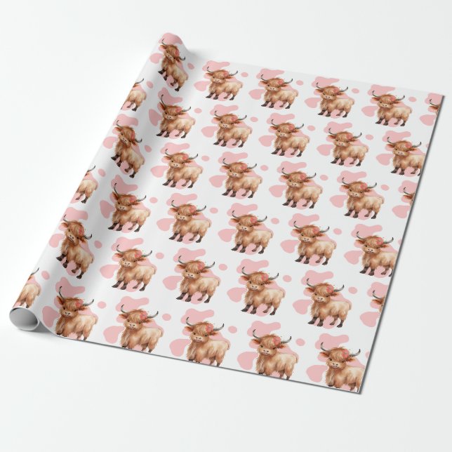 Papier Cadeau Papier à enveloppement rose vache Highland (Déroulé)