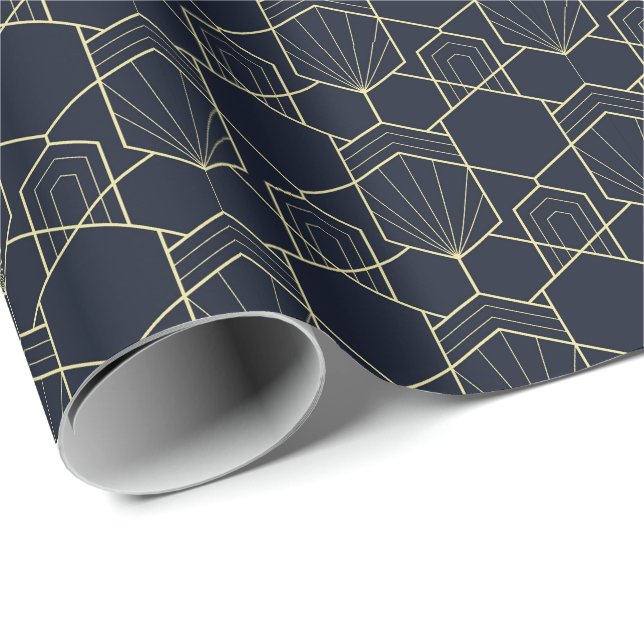 Papier Cadeau Papier à envelopper - Art Déco Or et Bleu foncé (Coin rond)