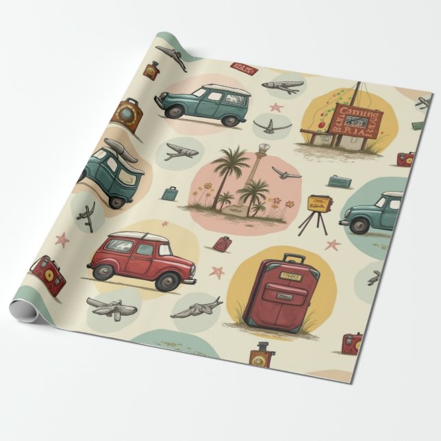 Papier Cadeau Papier à envelopper avec Motif de voyage (Déroulé)