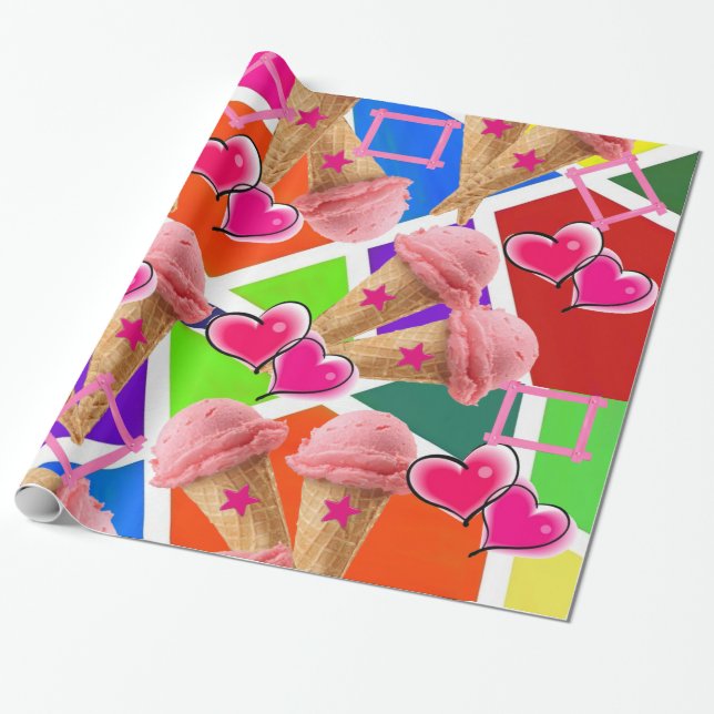 Papier Cadeau Papier à envelopper brillant, crème glacée fraise (Déroulé)
