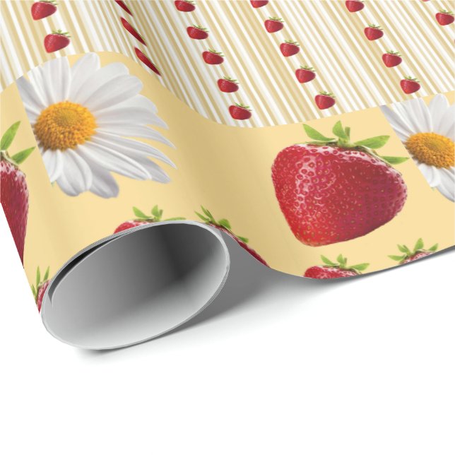 Papier Cadeau Papier à envelopper brillant Fraise blanc (Coin rond)