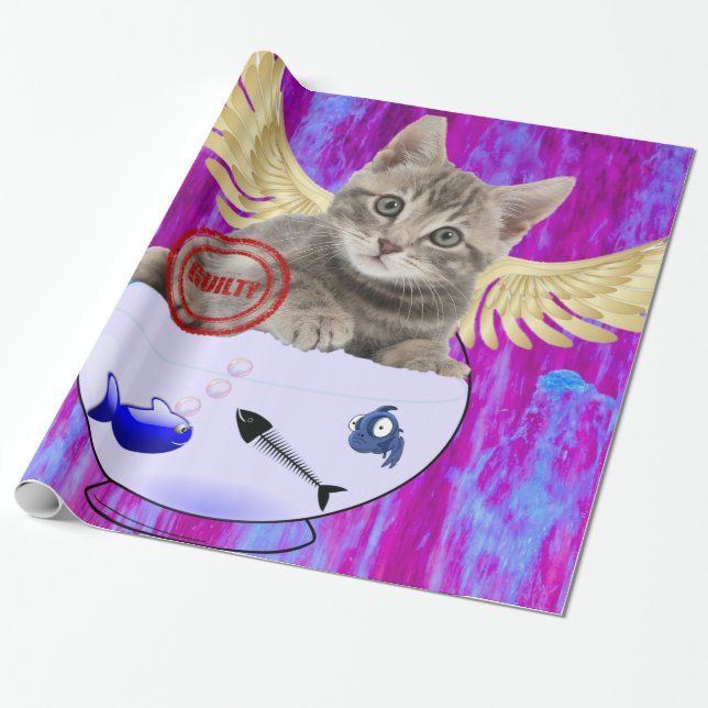 Papier Cadeau Papier à envelopper brillant, Kitten Fish Guilty (Déroulé)