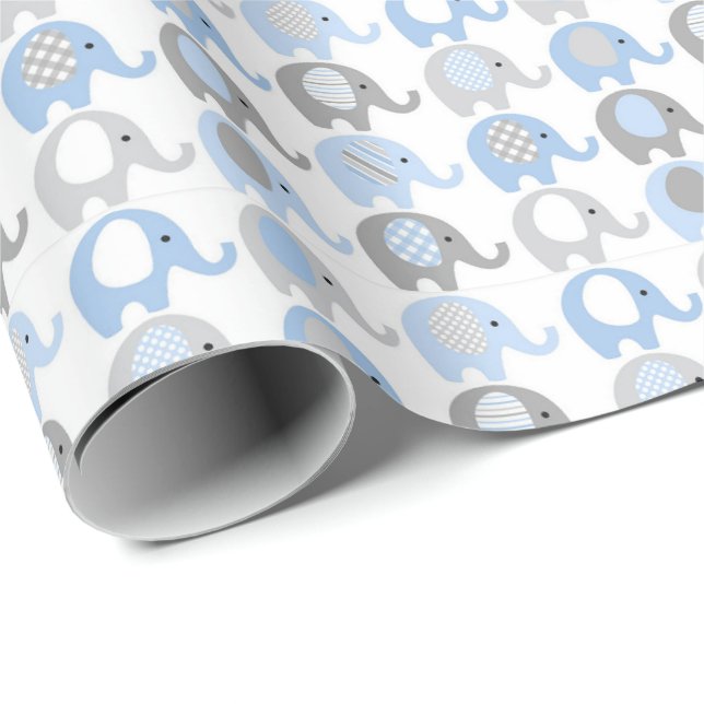 Papier Cadeau Papier à envelopper - Eléphants bleus et gris (Coin rond)