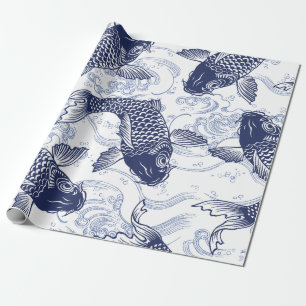 Papier Cadeau Papier à envelopper JAPONAIS BLEU ET BLANC KOI FIS